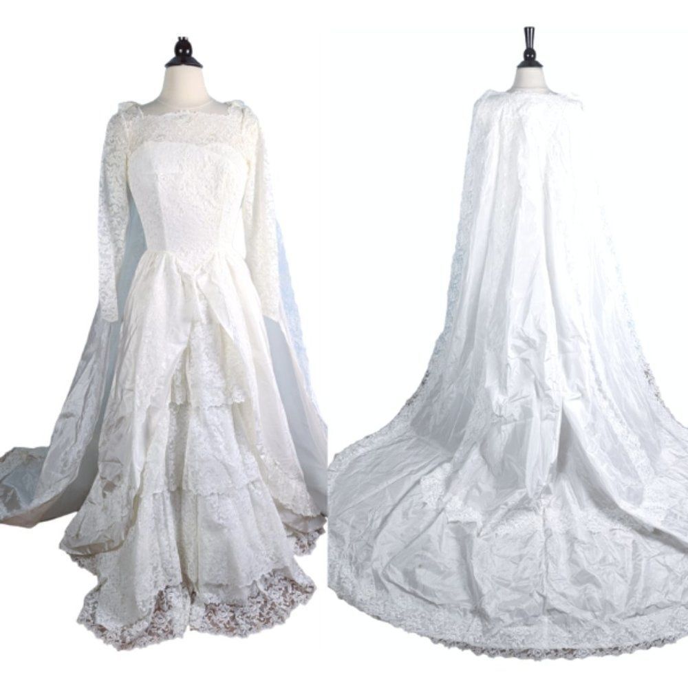 Vintage 70s Wedding Dress Cathedral Train Lace Cape Ball Gown